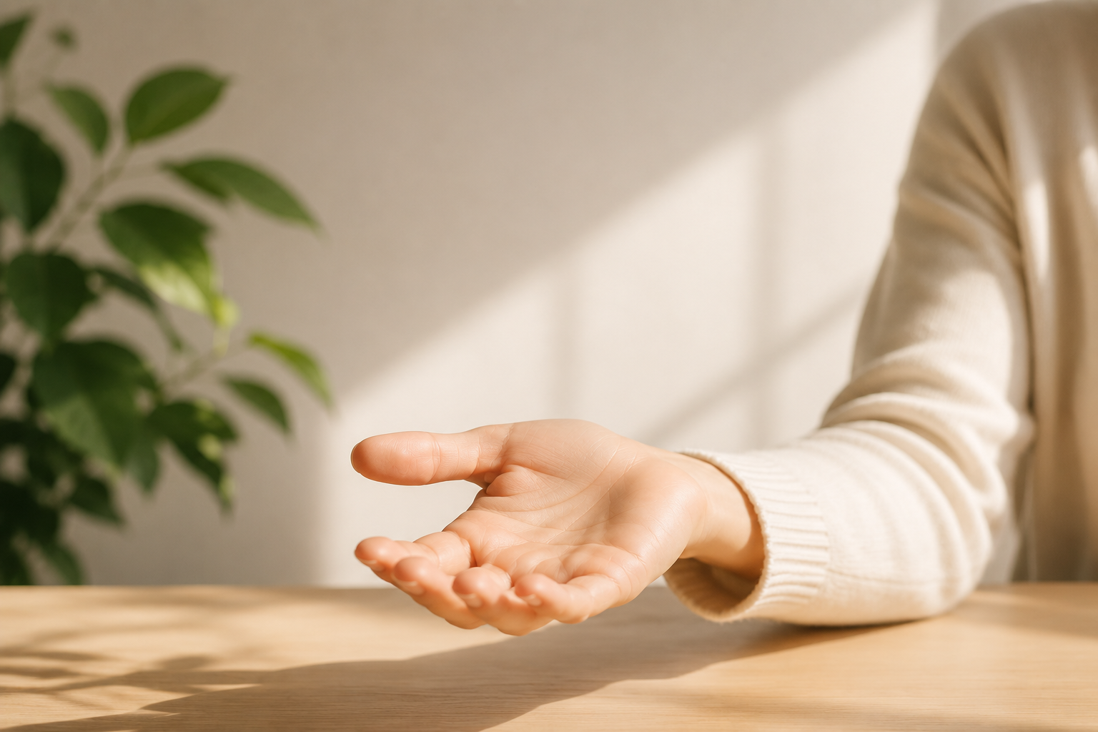 Geöffnete Handfläche einer Person, mit Pflanze im Hintergrund und warmem Licht.