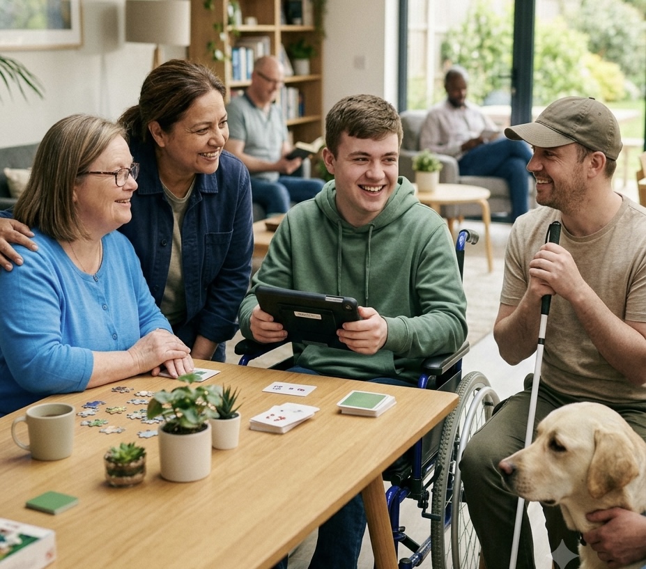 Gruppe lächelt im Gemeinschaftsraum, ein junger Mann hält Tablet, Rollstuhlfahrer mit Hund, Kartenspiel am Tisch.